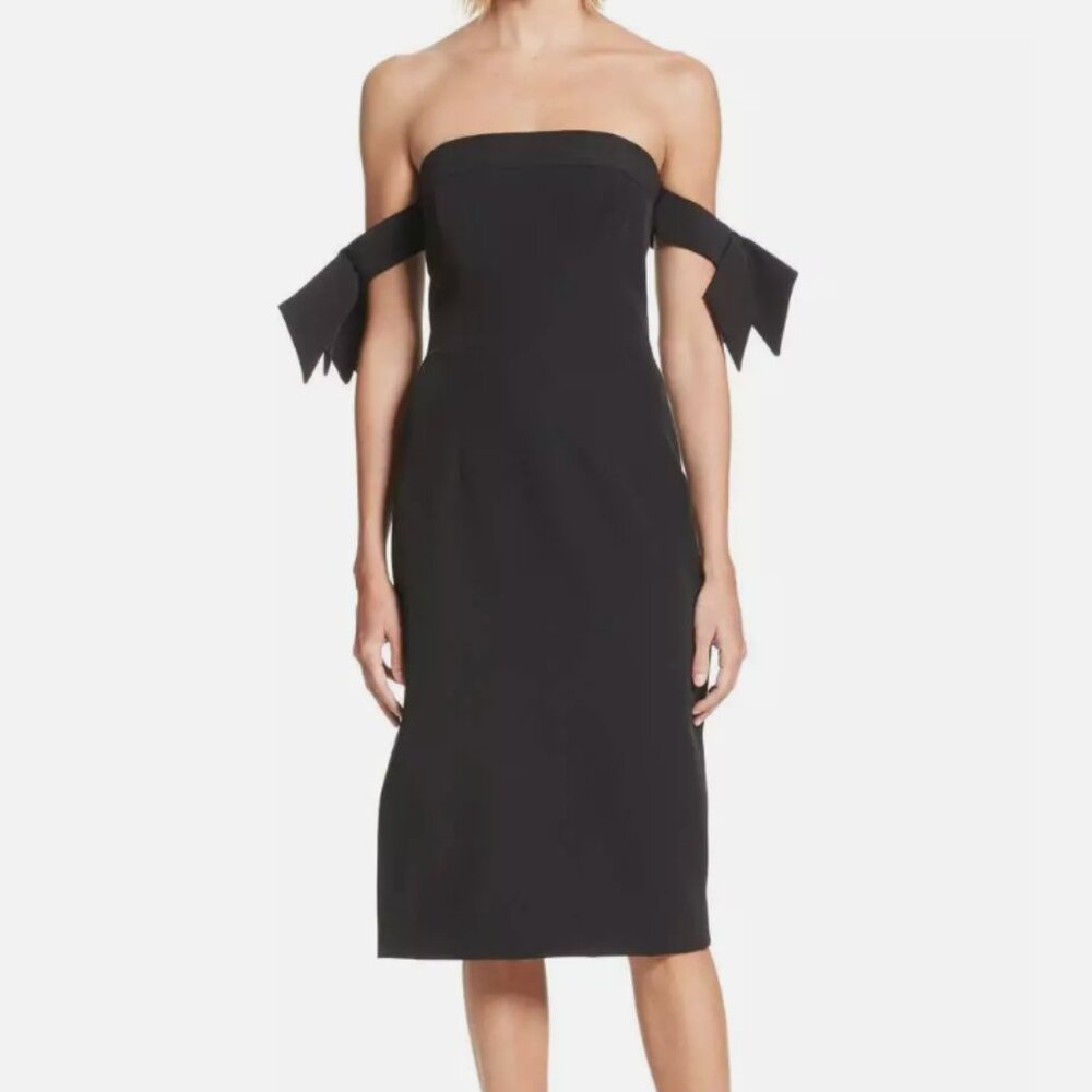 MILLY Black Brit Off Shoulder Bow Trim Midi Sheath Dress - 0 - new with tags